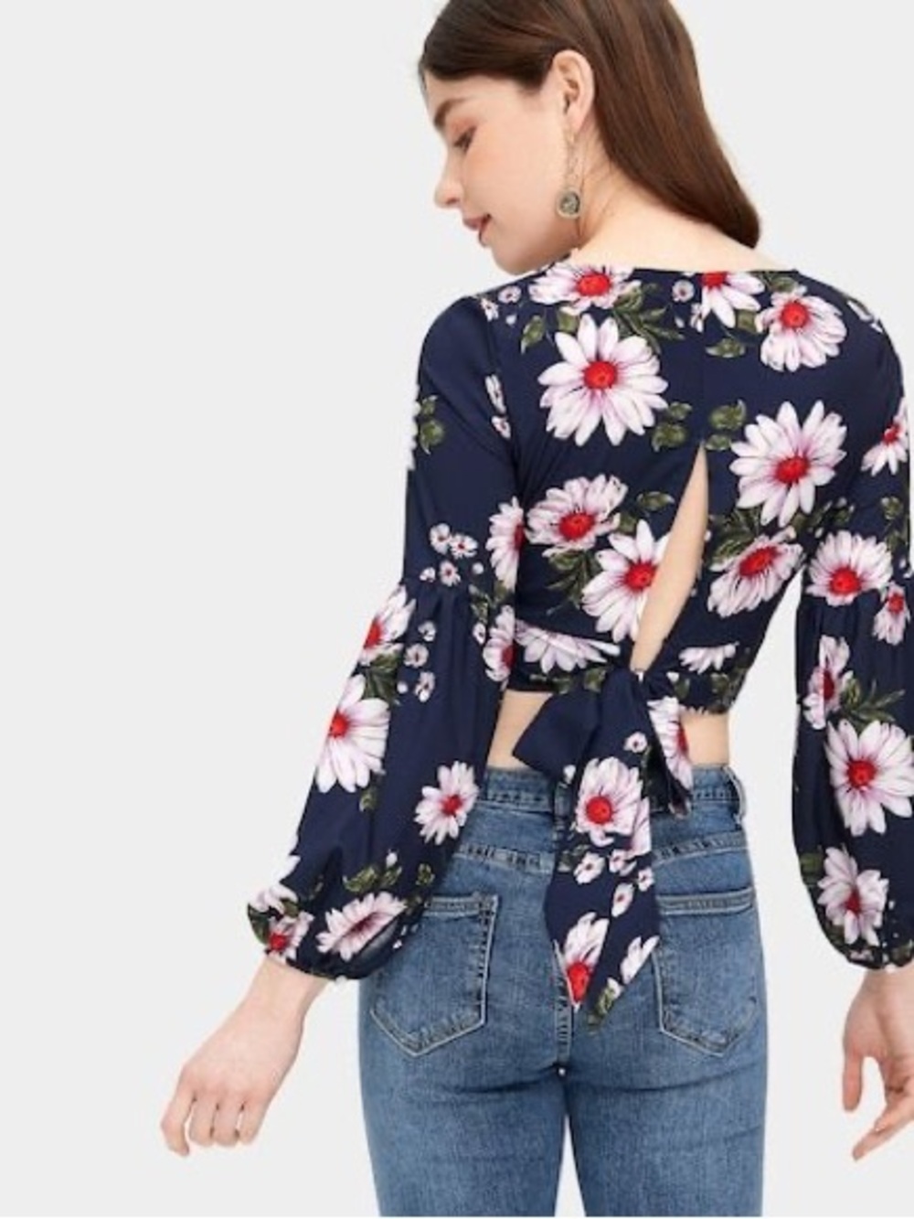 Forever 21 Navy Floral Back-Tie Balloon Sleeve Crop Top S Rayon